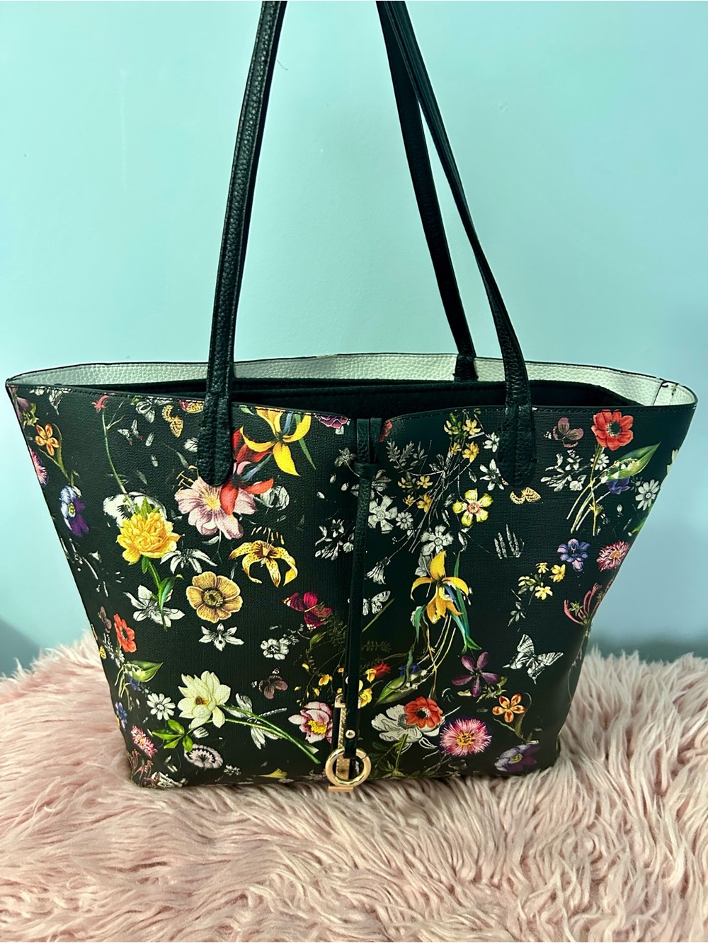 Black Floral Tote Bag with Colorful Bloom Print